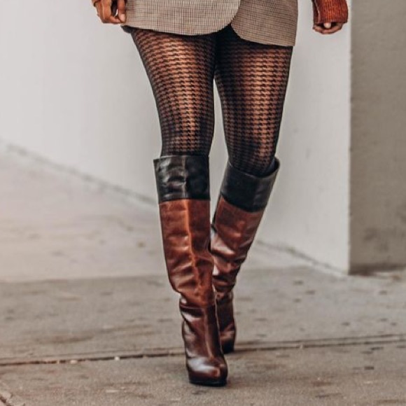 Two Tone Black & Brown Knee High Leather Boots with Gold Accents - Picture 2 of 11